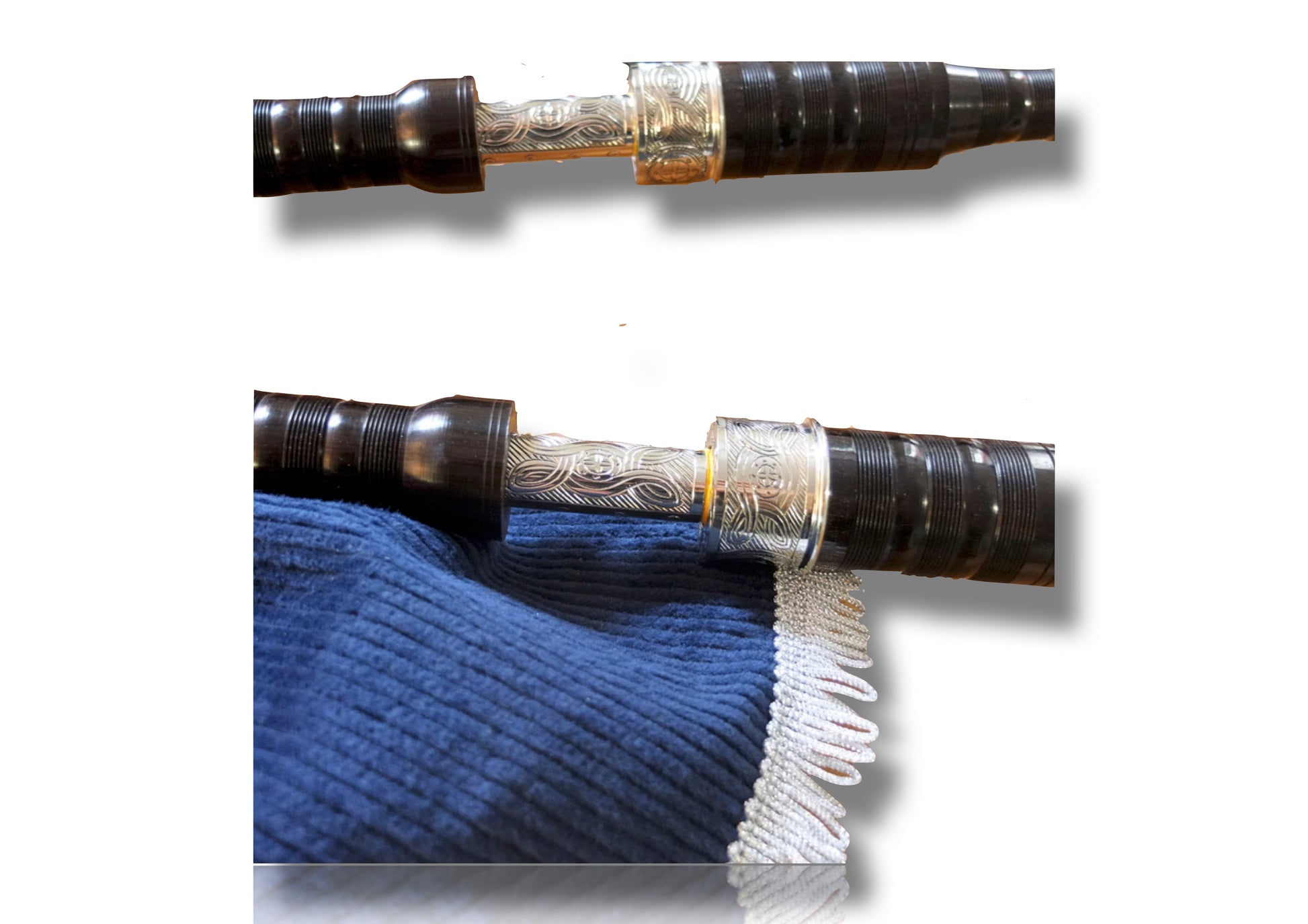 Engraved Nickle Ferrules on a set of African Blackwood Scottish Highland Bagpipes - Bagpipes Galore