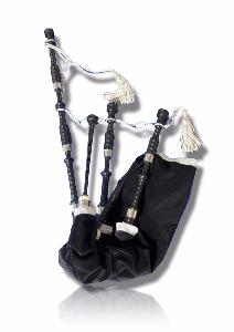 A Full set of Synethic Highland Bagpipes made in Scotland from Delrin Plastic with a white cord and a black bag cover - Bagpipes Galore