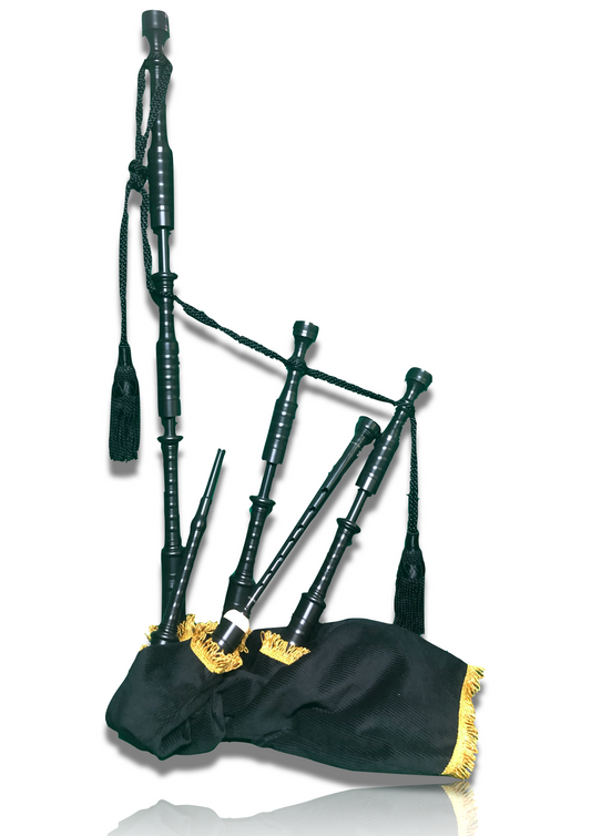 A complete set of Highland Bagpipes made from synthetic Delrin decorated with a black cord and a gold and black cover - made in Scotland - Bagpipes Galore