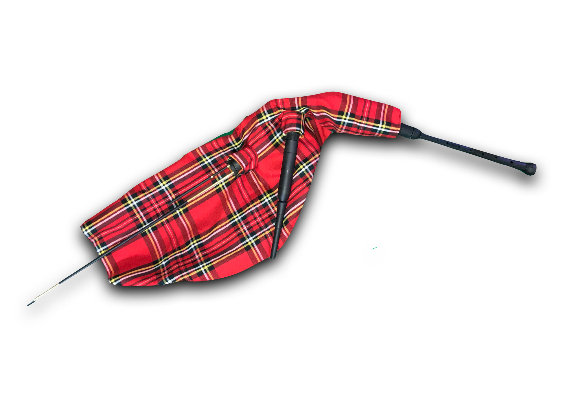A Complete set of scottish Practice Pipes with a red tartan cover, brass drones and synethtic chanter and blowpipe, ideal for beginners and indoor bagpipe practice - Bagpipes Galore
